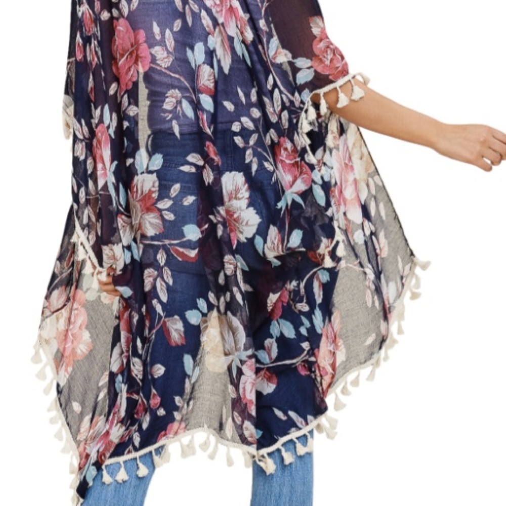 ❤️LAST NEW Navy Tassel Trim kimono cover up - Picture 2 of 3